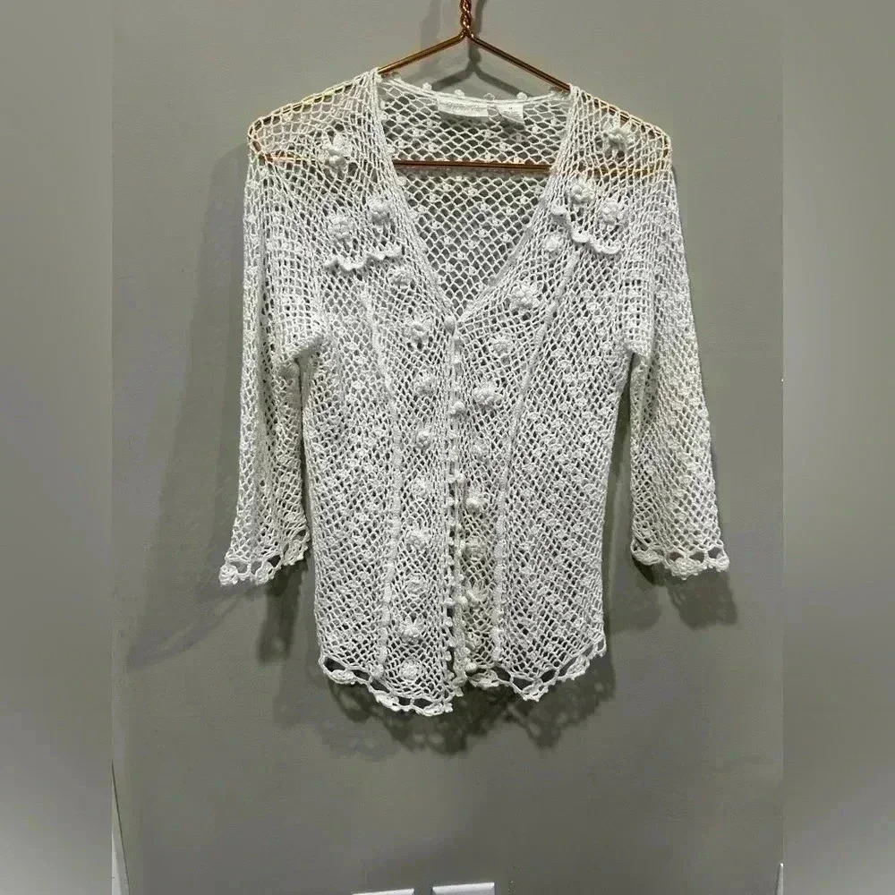 Y2K Design Assets Vintage  Crochet Linen-Cotton Cardigan Women's‎ Sz M